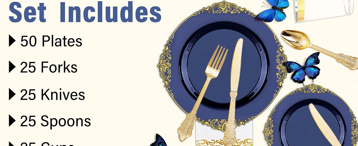 175PCS Blue Plastic Plates – Blue Gold Plastic Dinnerware Set Disposable Include