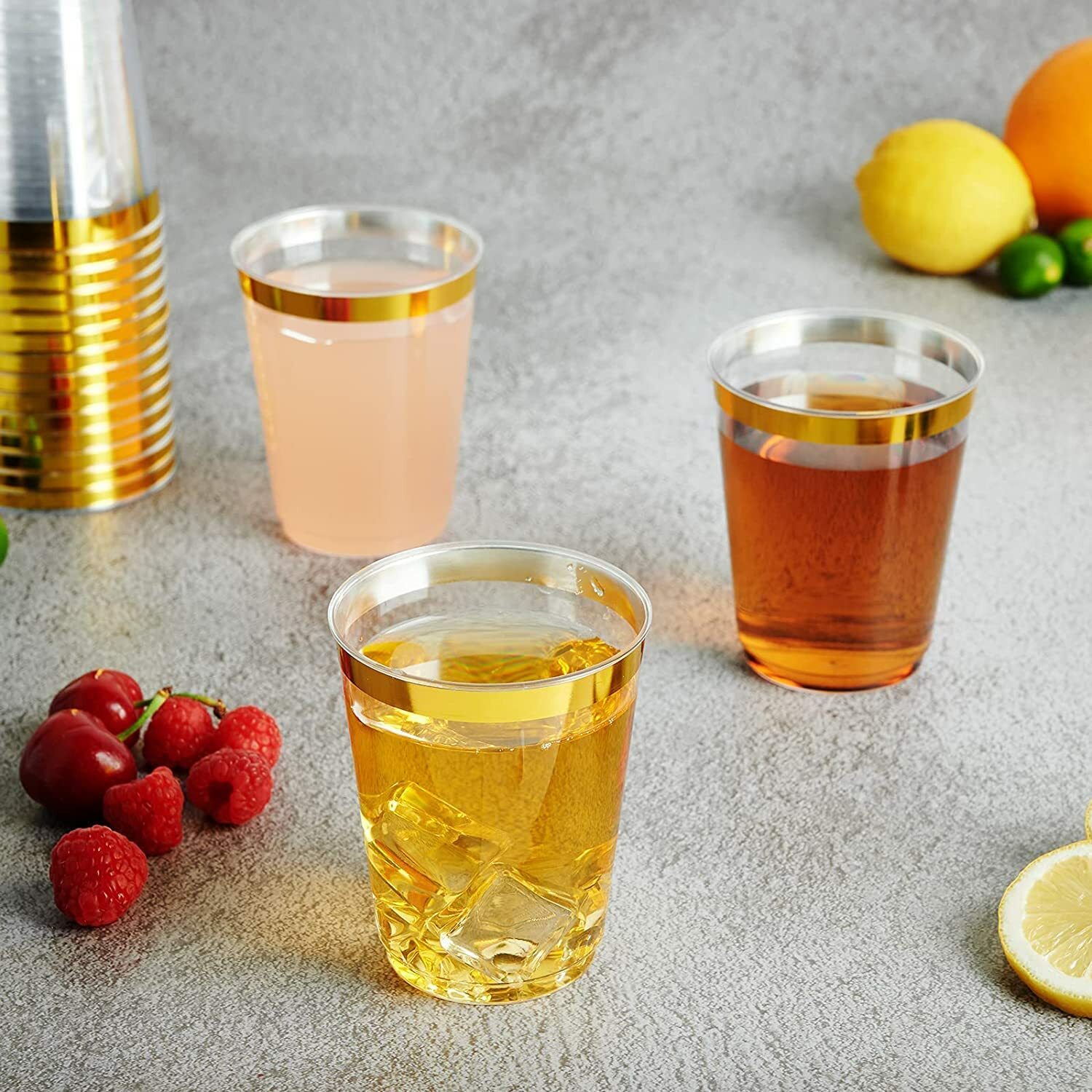 Simcha Collection 10 Oz disposable Fancy Gold Rim Clear hard Plastic Cup BULK