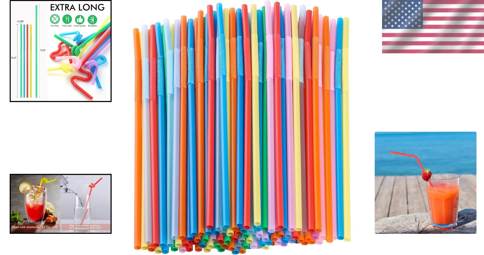 Flexible Bendy Drinking Straws 100 Count 12.8 Inch Long Colorful Polypropylene