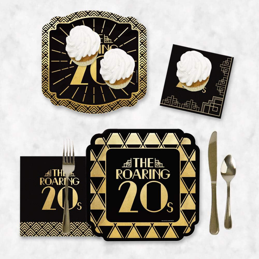 64 Piece Roaring 1920s Gold Foil art deco jazz theme tableware plates napkins