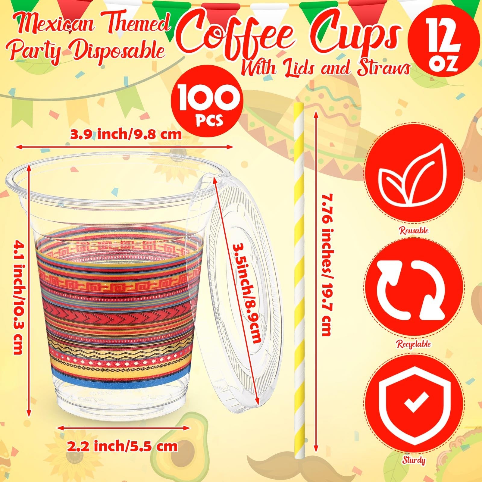 100 Pack 12 oz Fiesta Plastic Cups with Lids and Paper Straws Mexican Clear D…