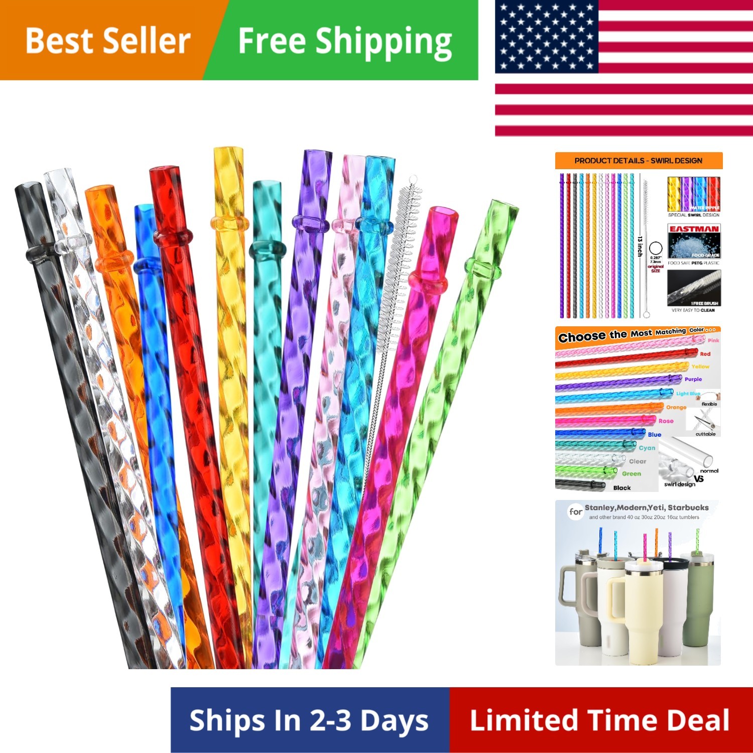 ALINK 12-Pack Reusable Plastic Clear Swirl Straws, 13″ Extra Long Colorful Hard