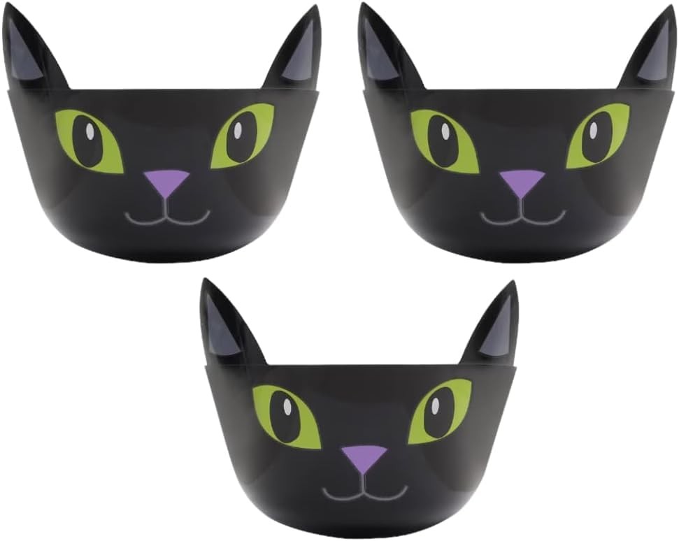 Black Cat Plastic Halloween Treat Bowls,Snacks Candy Container 11×8.25 3 Count