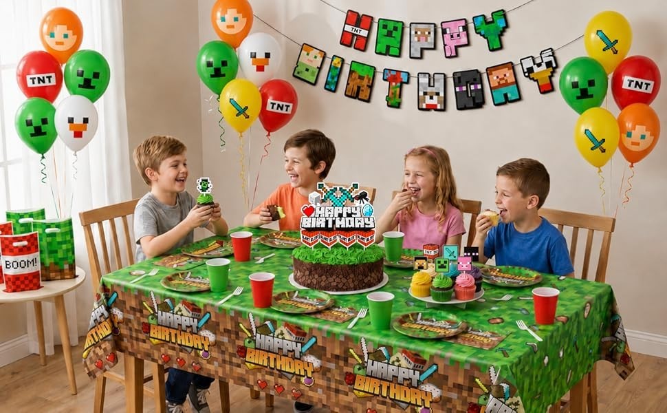 Pixel Birthday Party Decorations, Party Supplies Set Including Banner Tableware