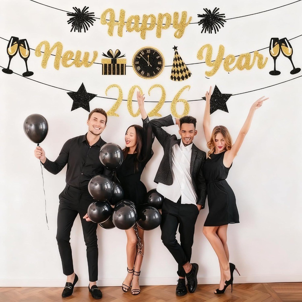 Gold Black New Years Decorations 2026 Glitter Banner New Years Eve Party