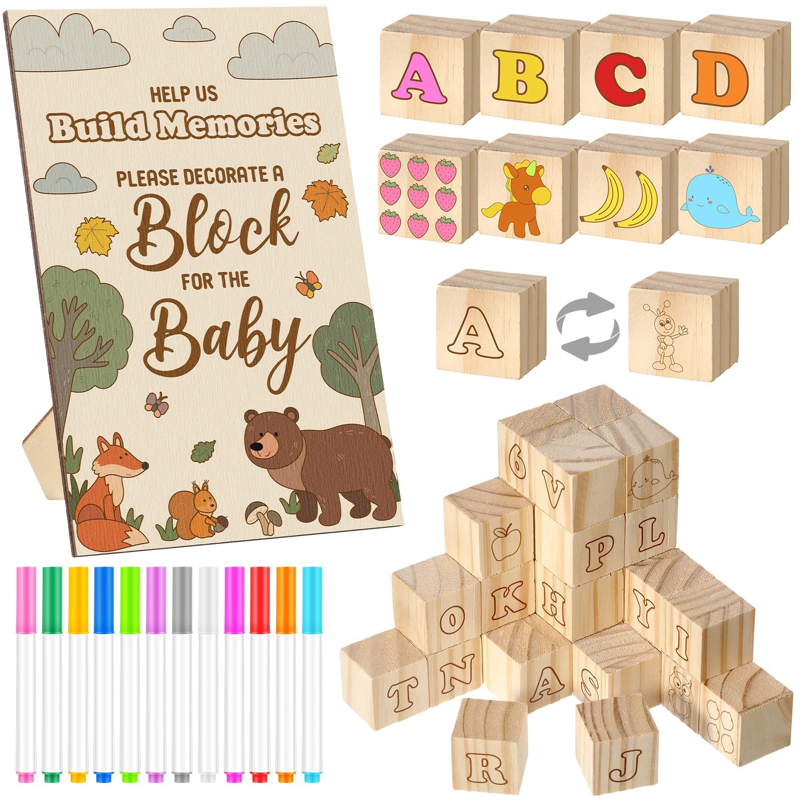 53 Pcs Baby Shower Games Sign Kit Include 36 ABC Letter Alphabet Blocks 4 DIY…