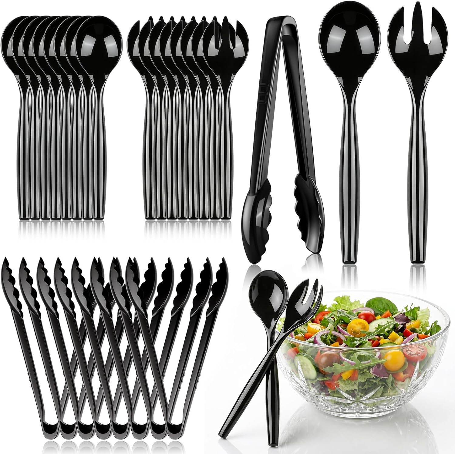 24 Pack Black Plastic Serving Utensils Set Spoons Forks Tongs Buffet Party