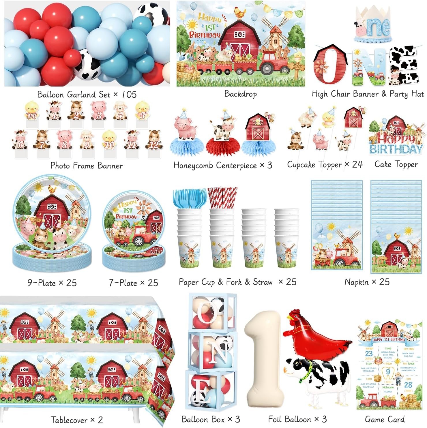 1st Birthday- Farm First Birthday Decorations Kit NEW