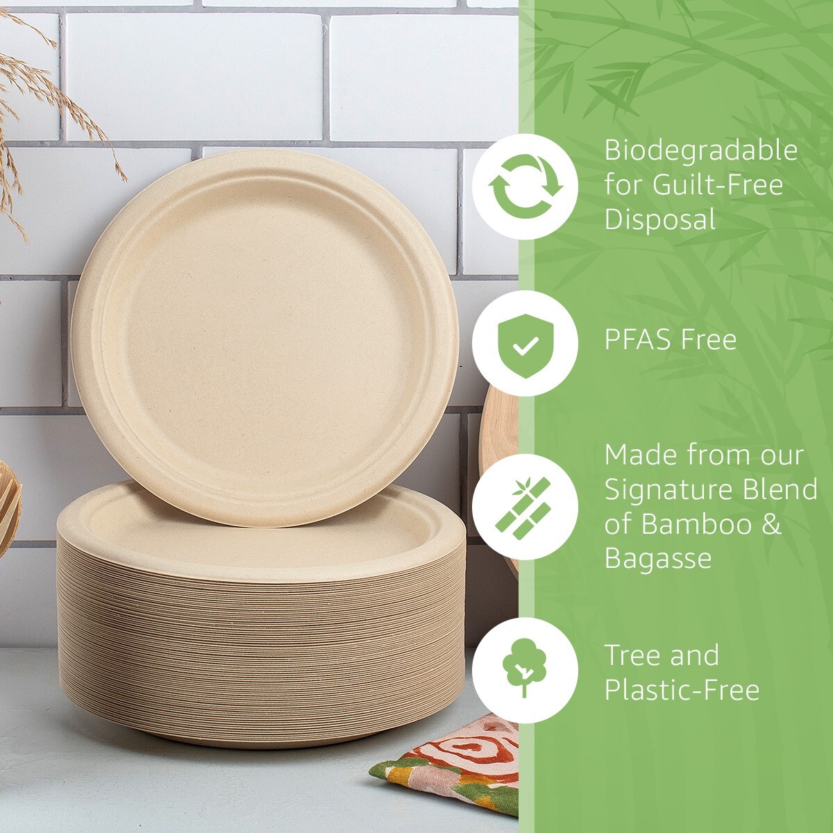 Ibambo Bamboo Disposable Paper Plates – 9 Inch, 50 Pack, Compostable Plates