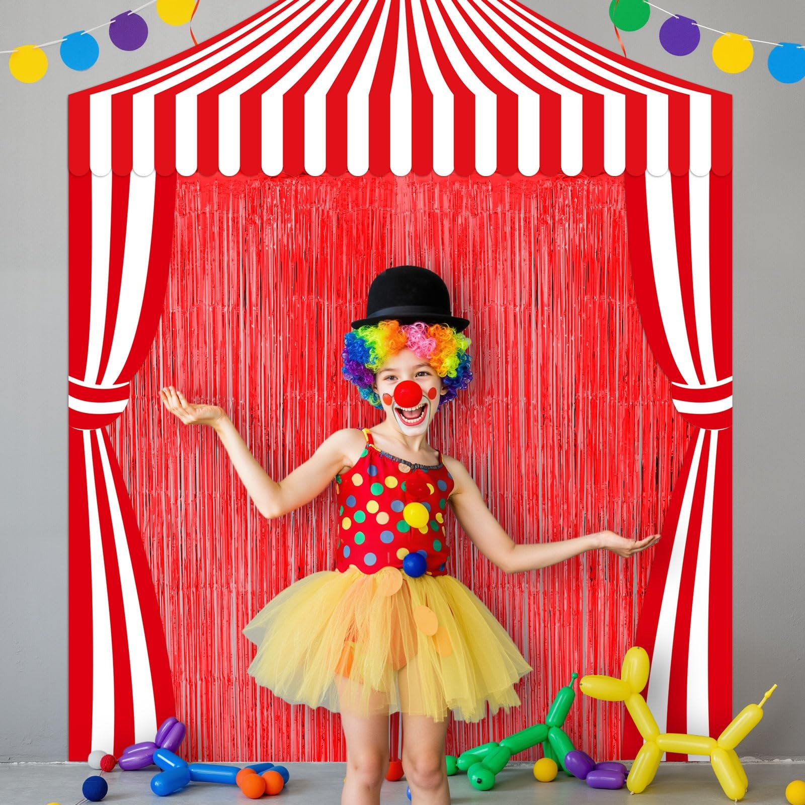 5 PCS Red White Carnival Circus Tent Tinsel Fringe Curtain Backdrop Striped