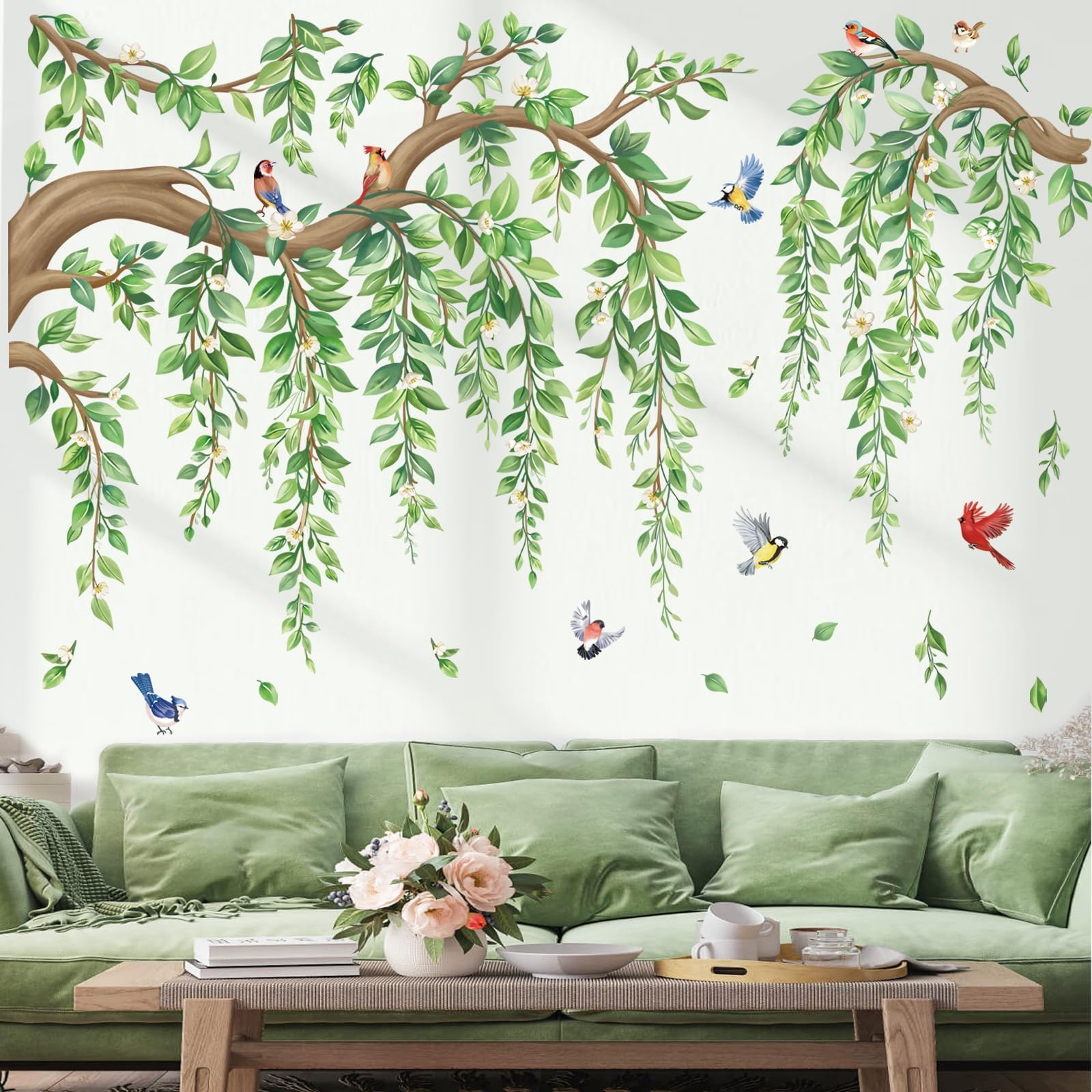 wondever Large Tree Branch Hanging Vine Wall Stickers Green Leaf Flower Birds