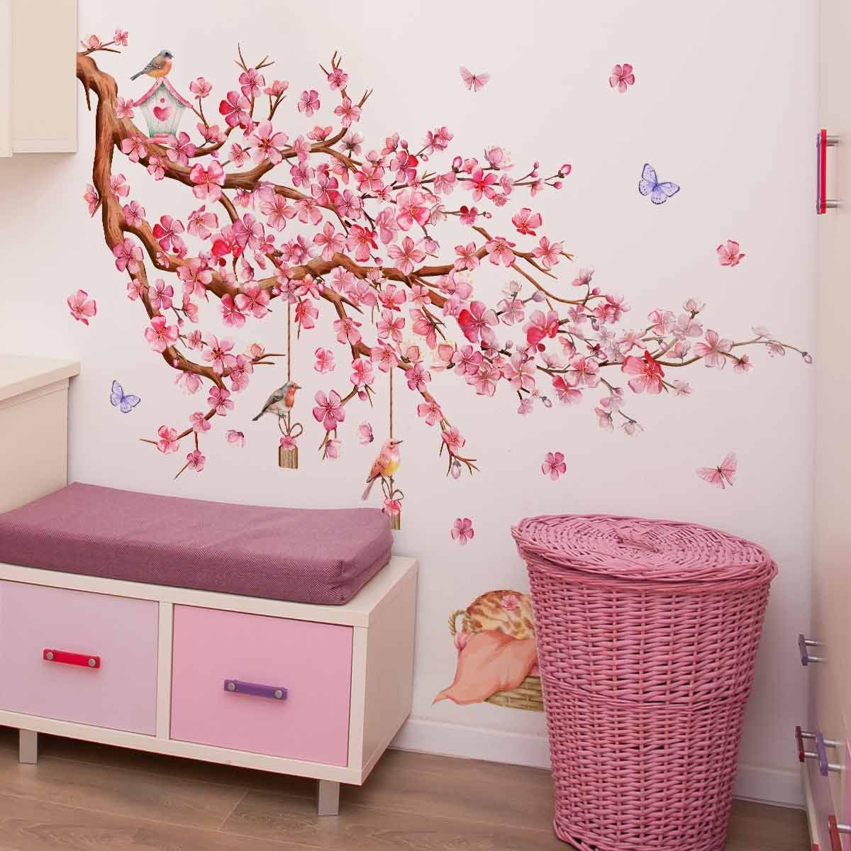 Siraveil Art Cherry Blossom Tree Wall Decals Birds Butterflies Pink Floral