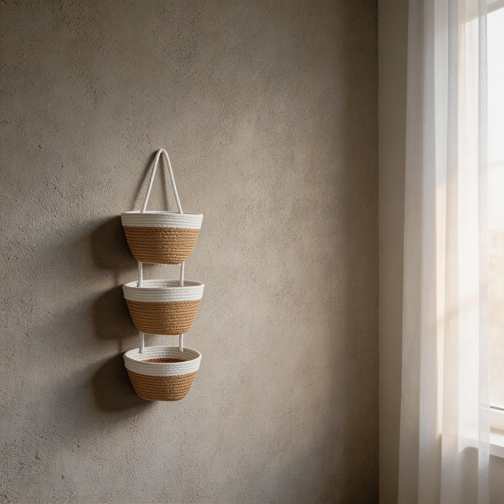 Contemporary 3 Level Hanging Basket for Wall Based Storage of Daily Use Items