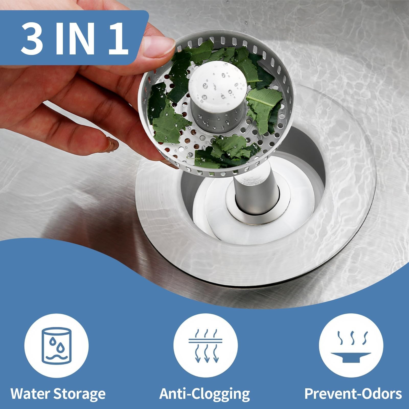 Kitchen Sink Drain Strainer,Stainless Steel 3-in-1 Pop-up Sink Stopper with Seal