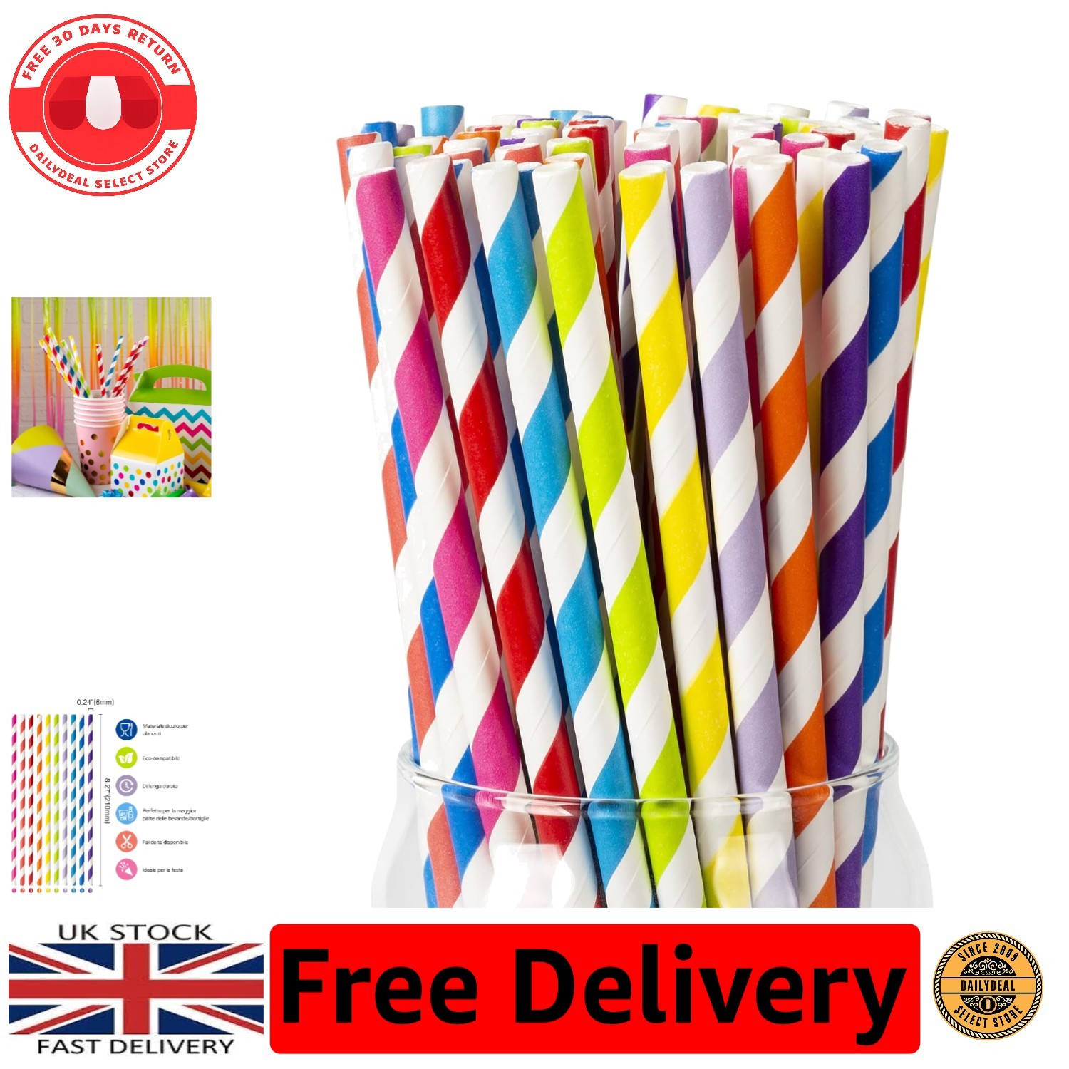 Pack of 200 Biodegradable Colourful Paper Straws for Eco-Friendly Celebrations