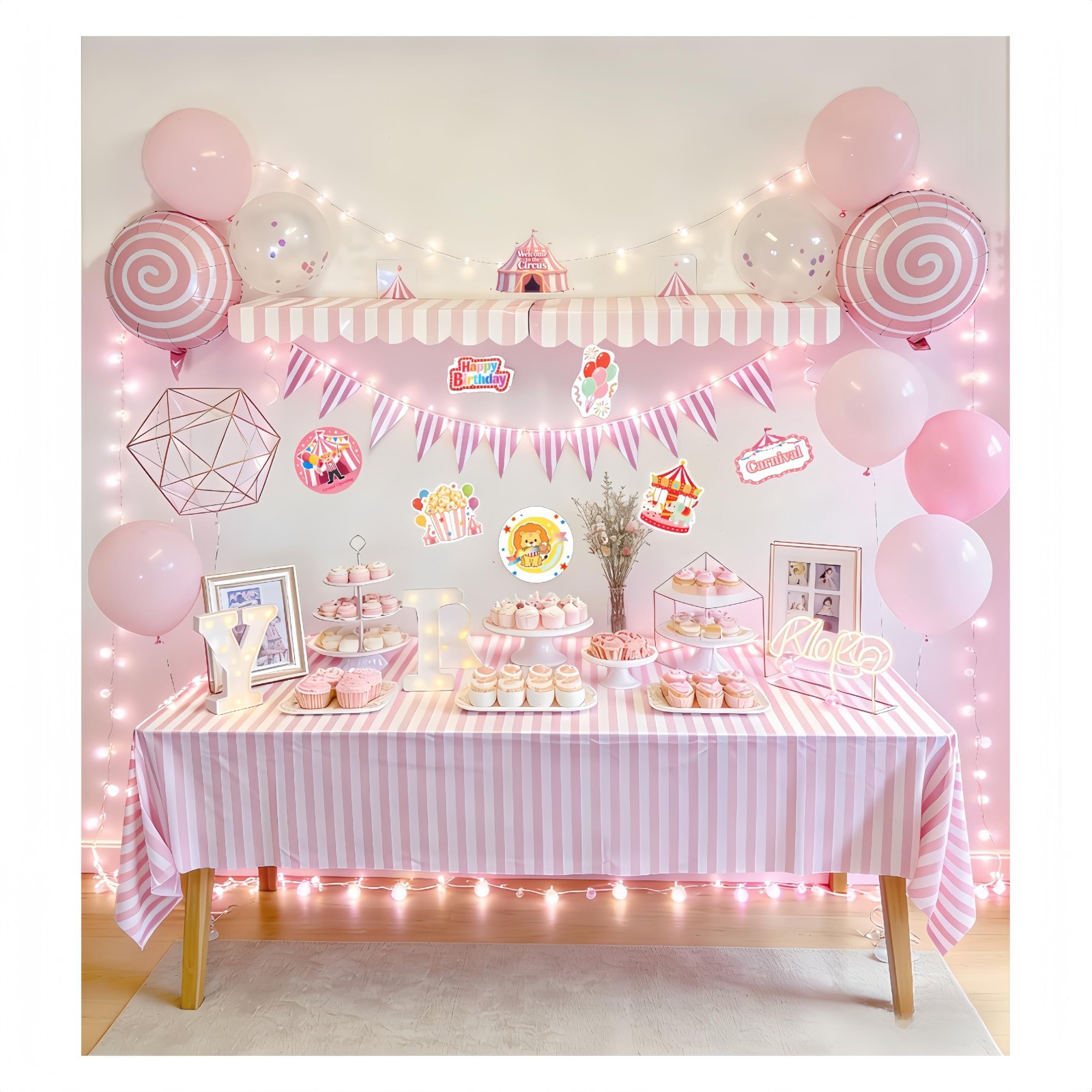 Carnival Circus Party Decor Kit – 2 Striped Awnings, Tablecloth, Banner & Balloo