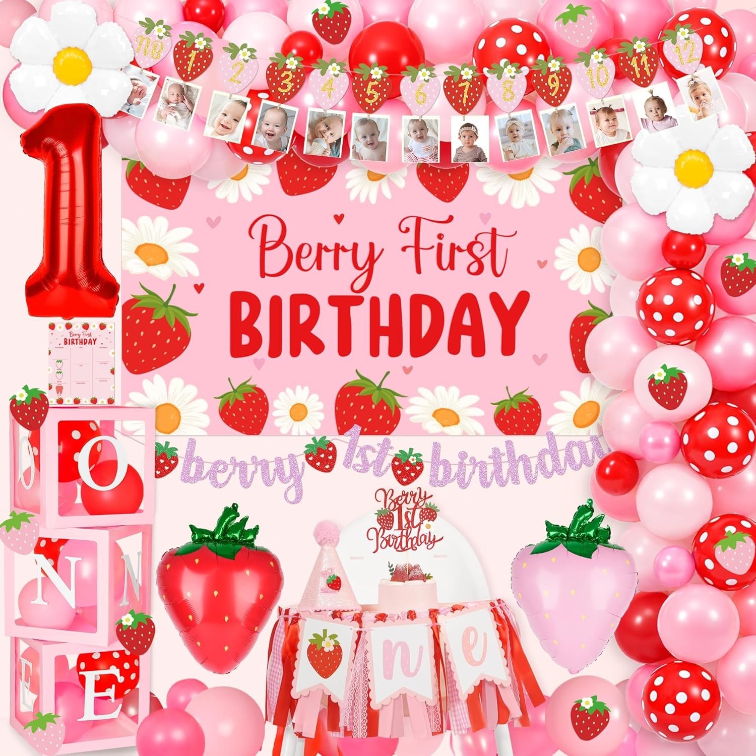 Berry 1st Birthday Decor Set: Strawberry Theme with Balloon Arch & Backdrop
