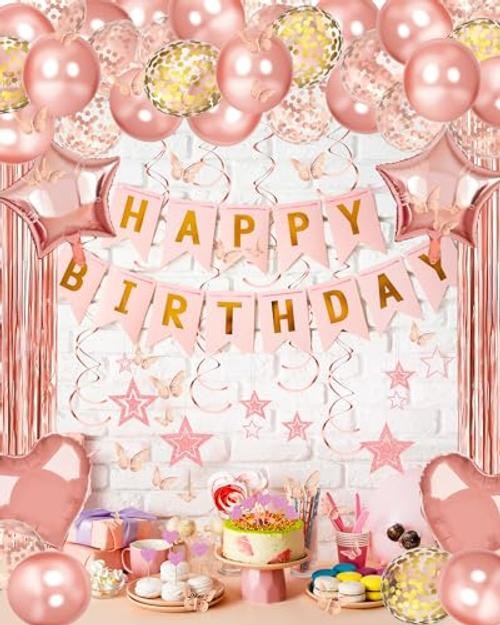 Happy Birthday Party Decorations, Happy Birthday Banner Foil Heart Rose Gold