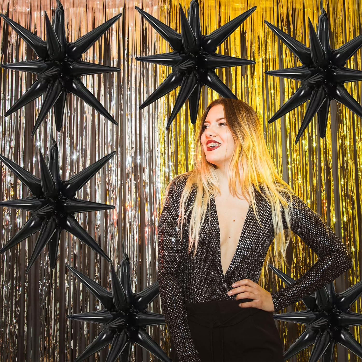6 Pieces 27 Inches Black Explosion Balloons, Large 14-Pointed One-Piece Cone Sta