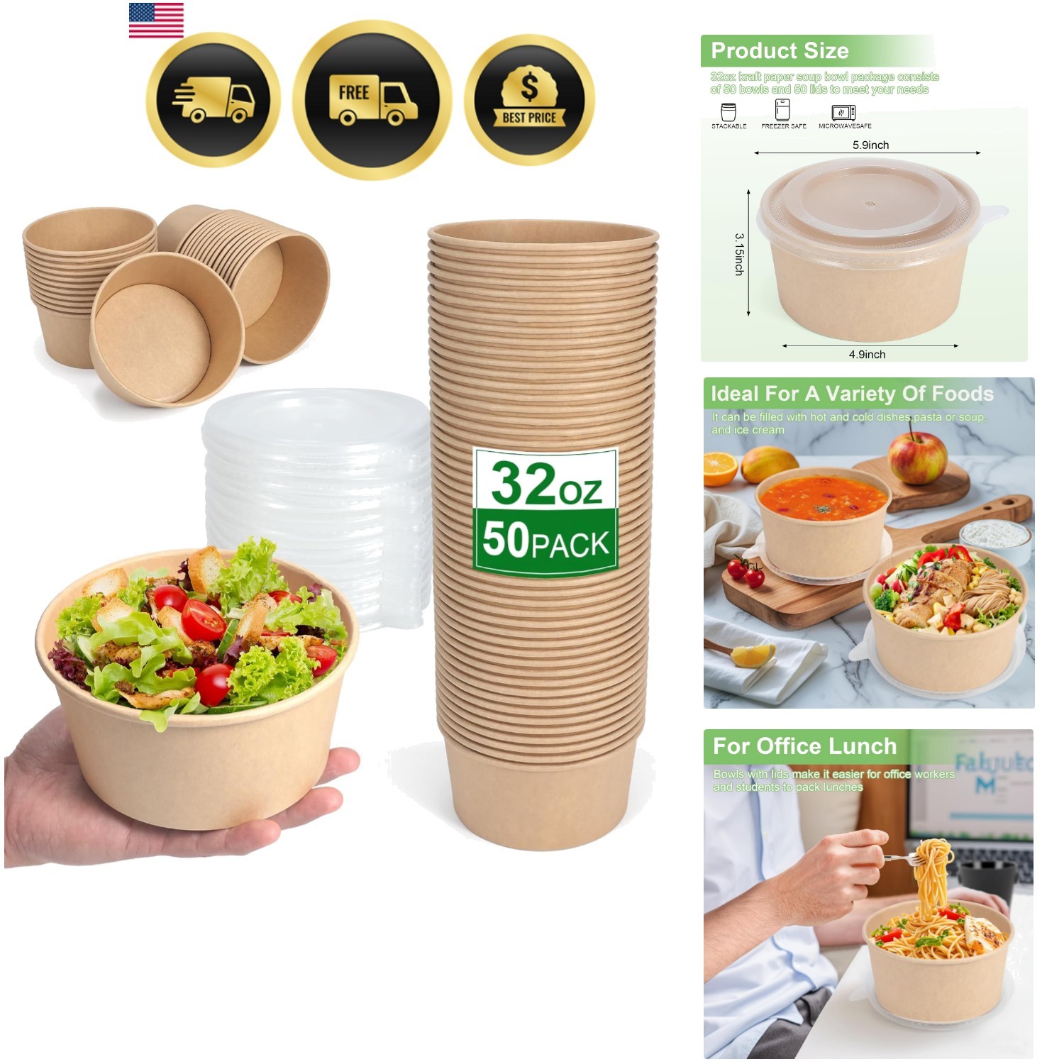 50 Pcs 32 Oz disposable meal prep containers，paper bowls with lids，disposable…
