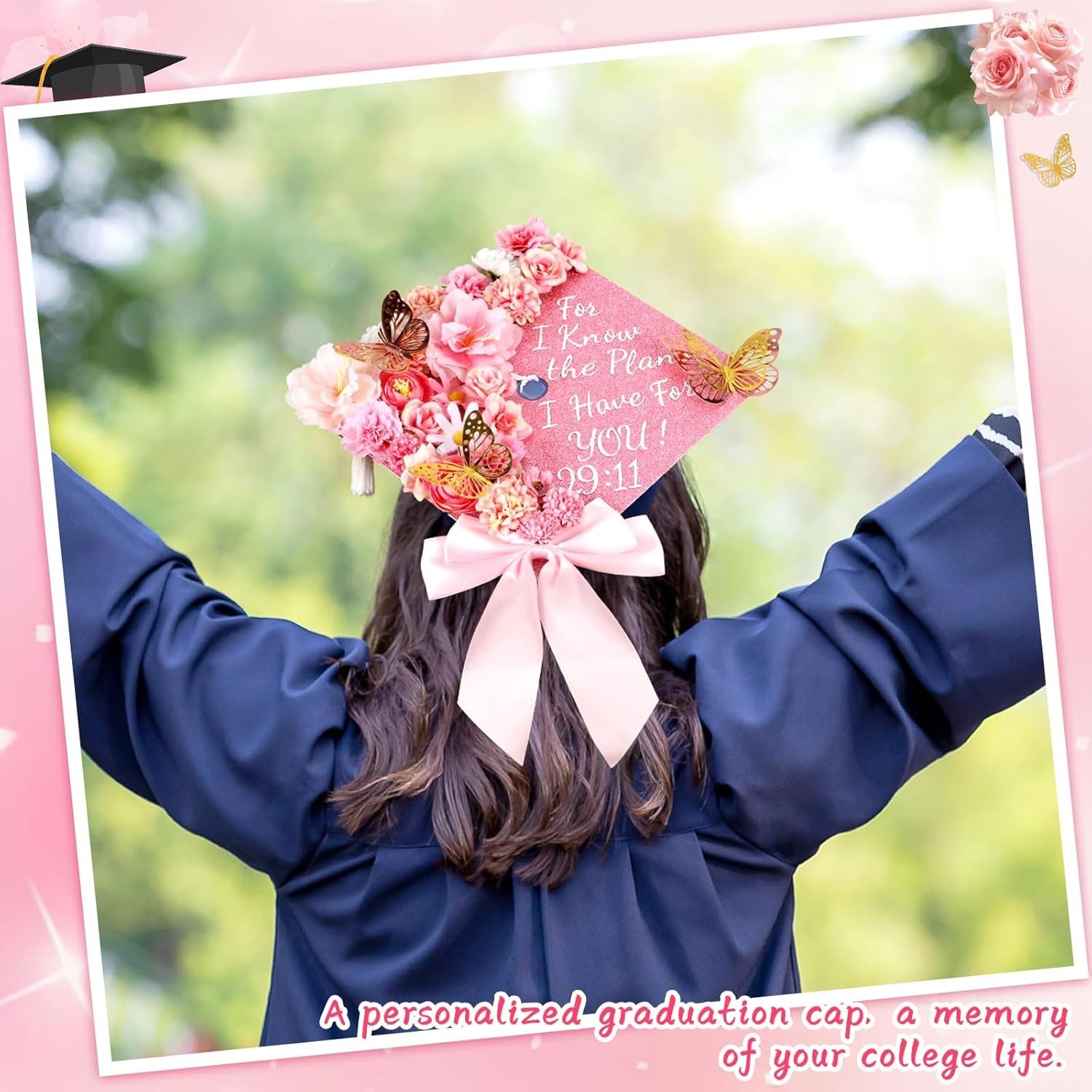 55 Pcs Pink DIY Graduation Cap Decorations Faux Assorted Flowers Pink Bows 3D…