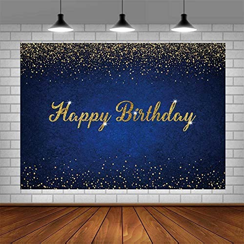 7x5ft Birthday Backdrop Happy Birthday Background Banner Gold 7X5ft Dark Blue