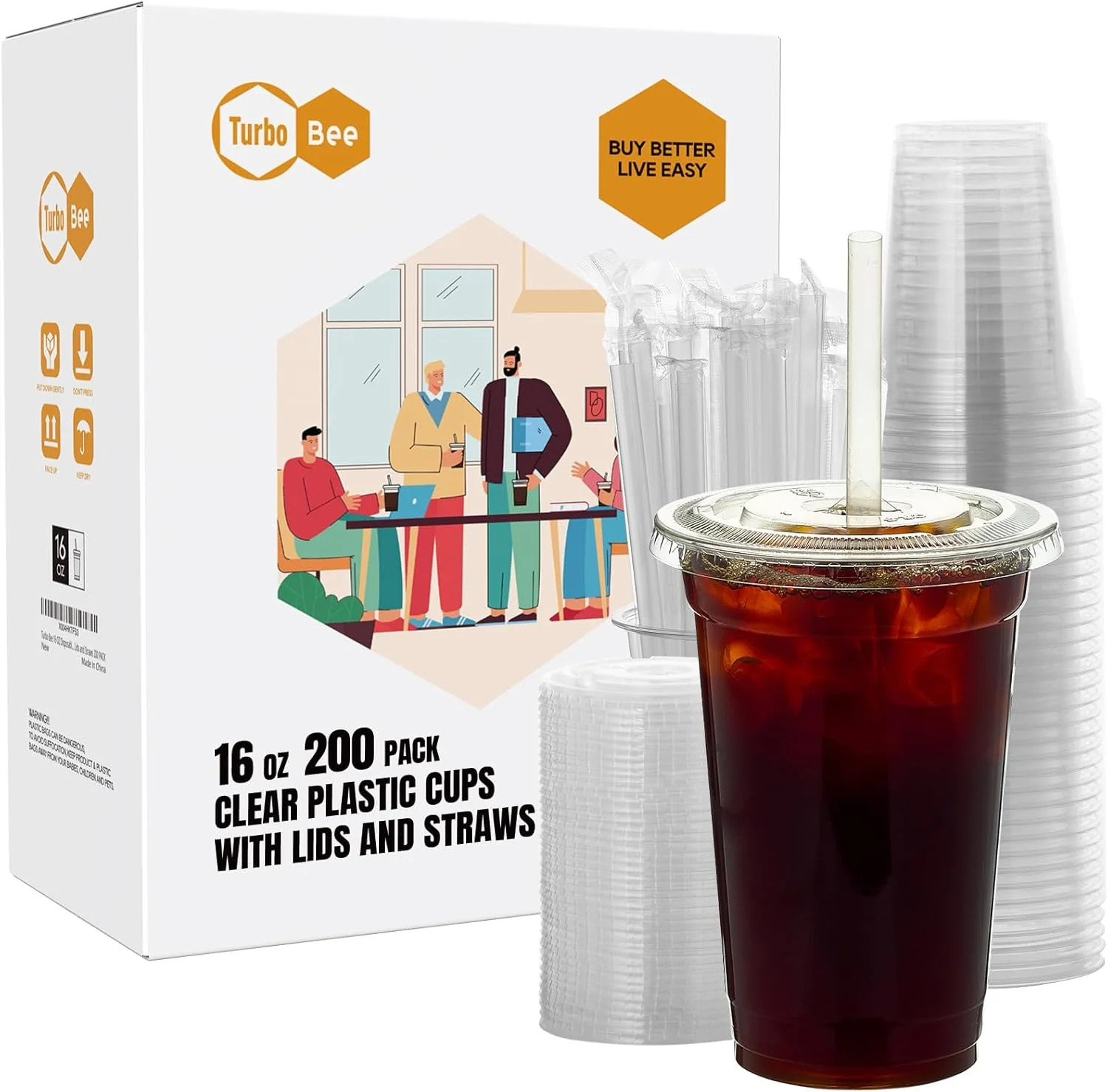 Turbo Bee 200 Sets 16 OZ Clear Plastic Cups with Lids and Straws, Disposable To