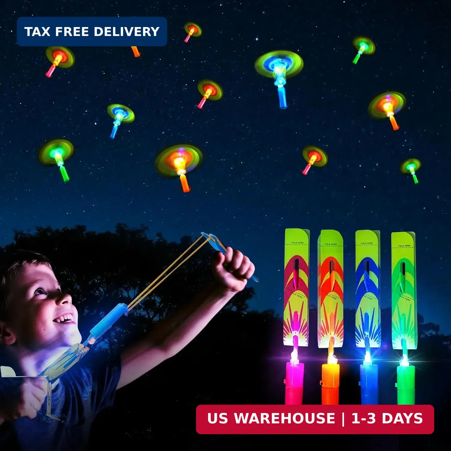 OceanWings LED Flying Set with Whistle, 25 Slingshot+25 Glow Helicopter, Flying