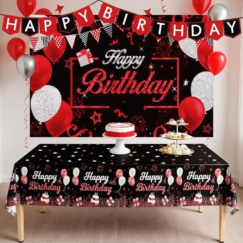 Red Birthday Background Party Supplies Decorations Red and Black Happy