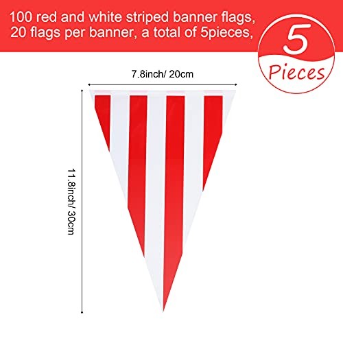 5 Sets 160 ft 100 Pieces Carnival Circus Bunting Banner Red and White Striped