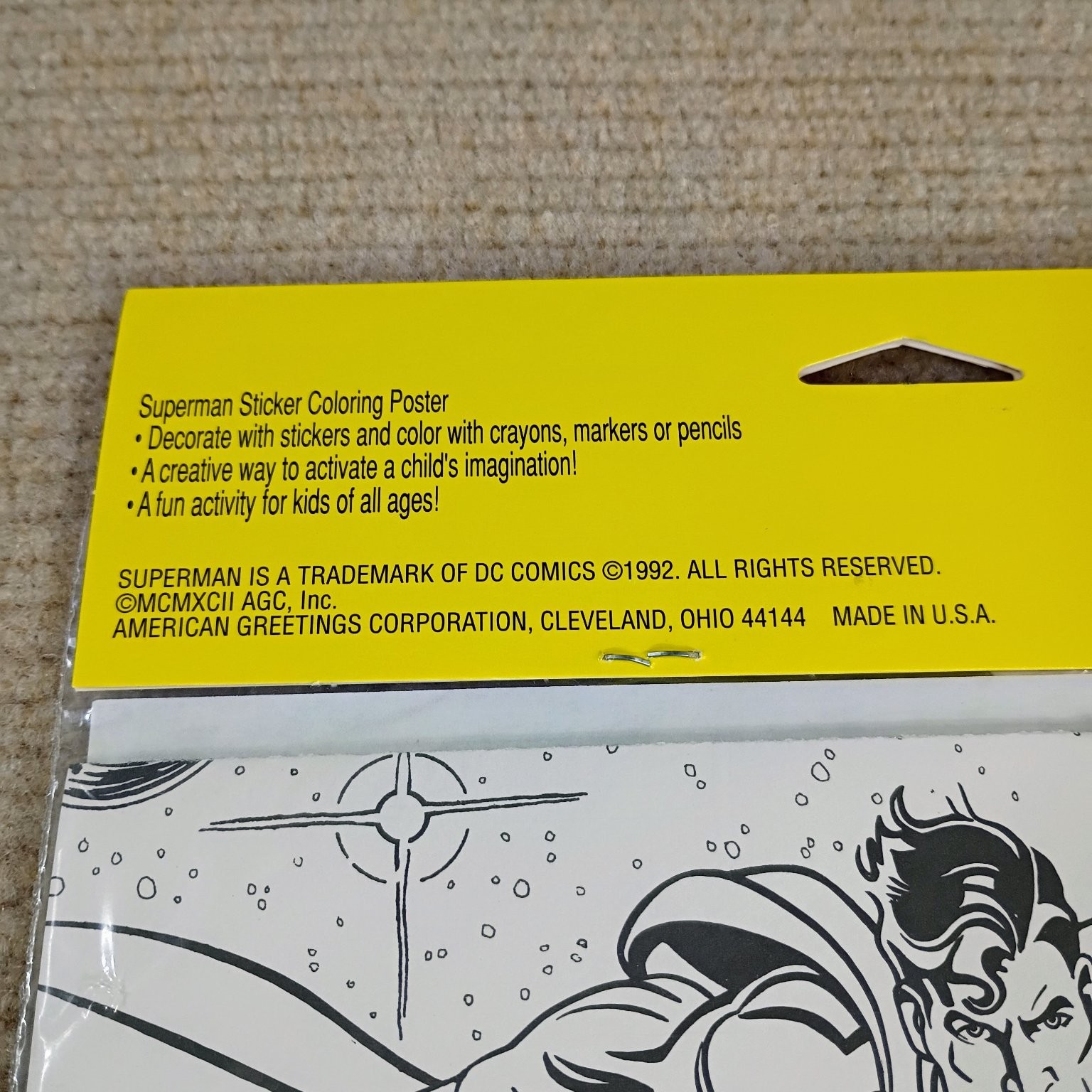 Vintage Superman Sticker Coloring Poster 14.5x11in American Greetings 1992 DC
