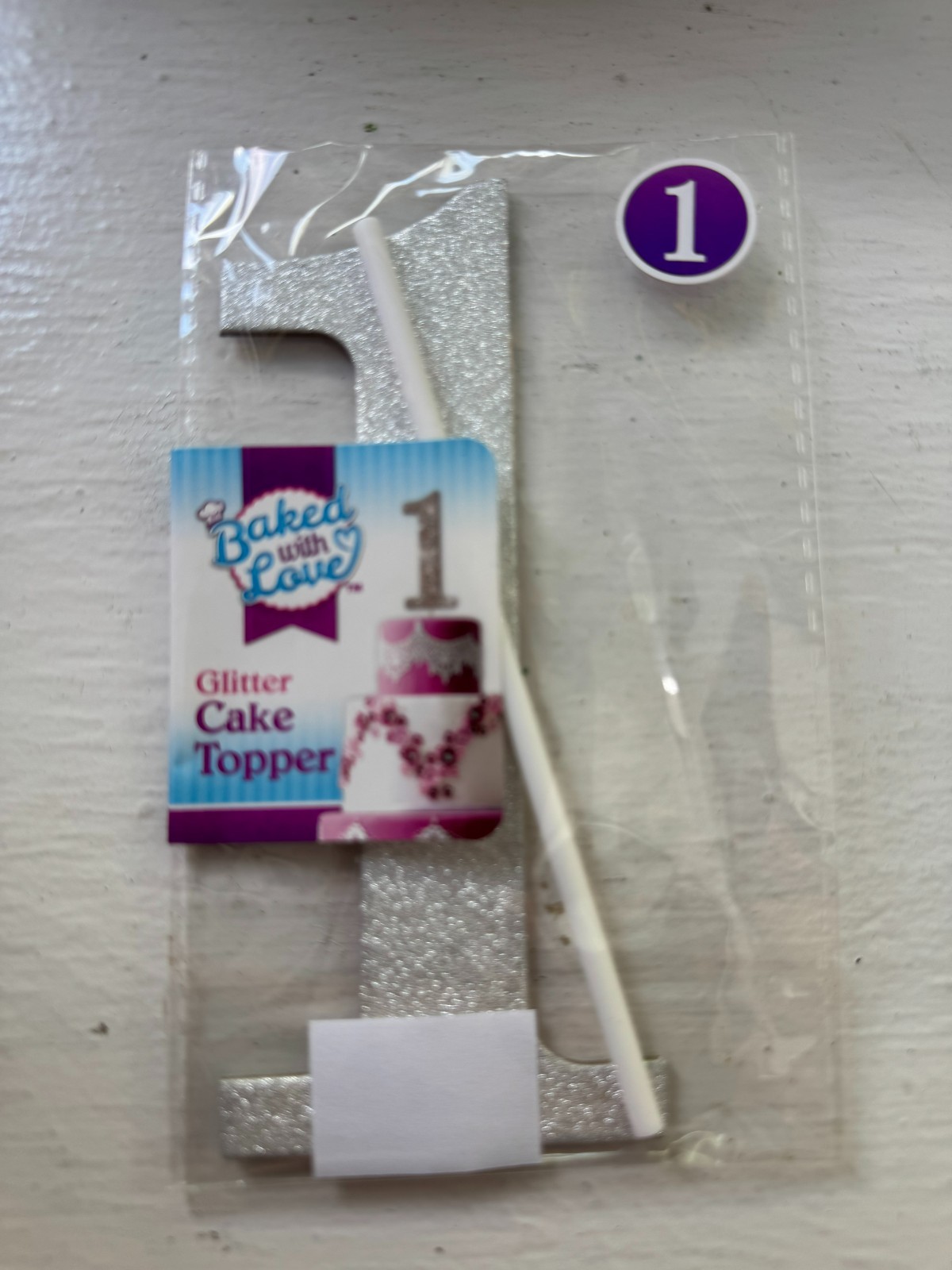 Cake Topper #1 Baked With Love Silver Glitter Birthday or any Occasion