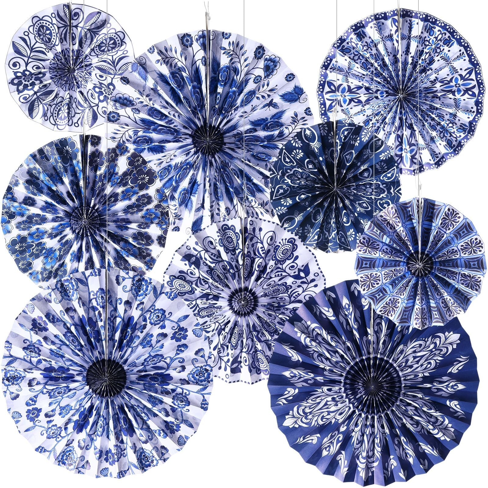 9 Pcs Chinoiserie Hanging Paper Fans Decorations Blue and White Porcelain Pri…
