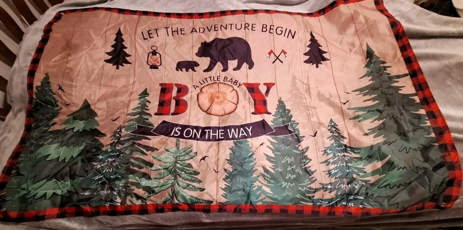 Baby Boy Backdrop 70×42 Fabric Banner The Adventure Begins Wildlife Camping