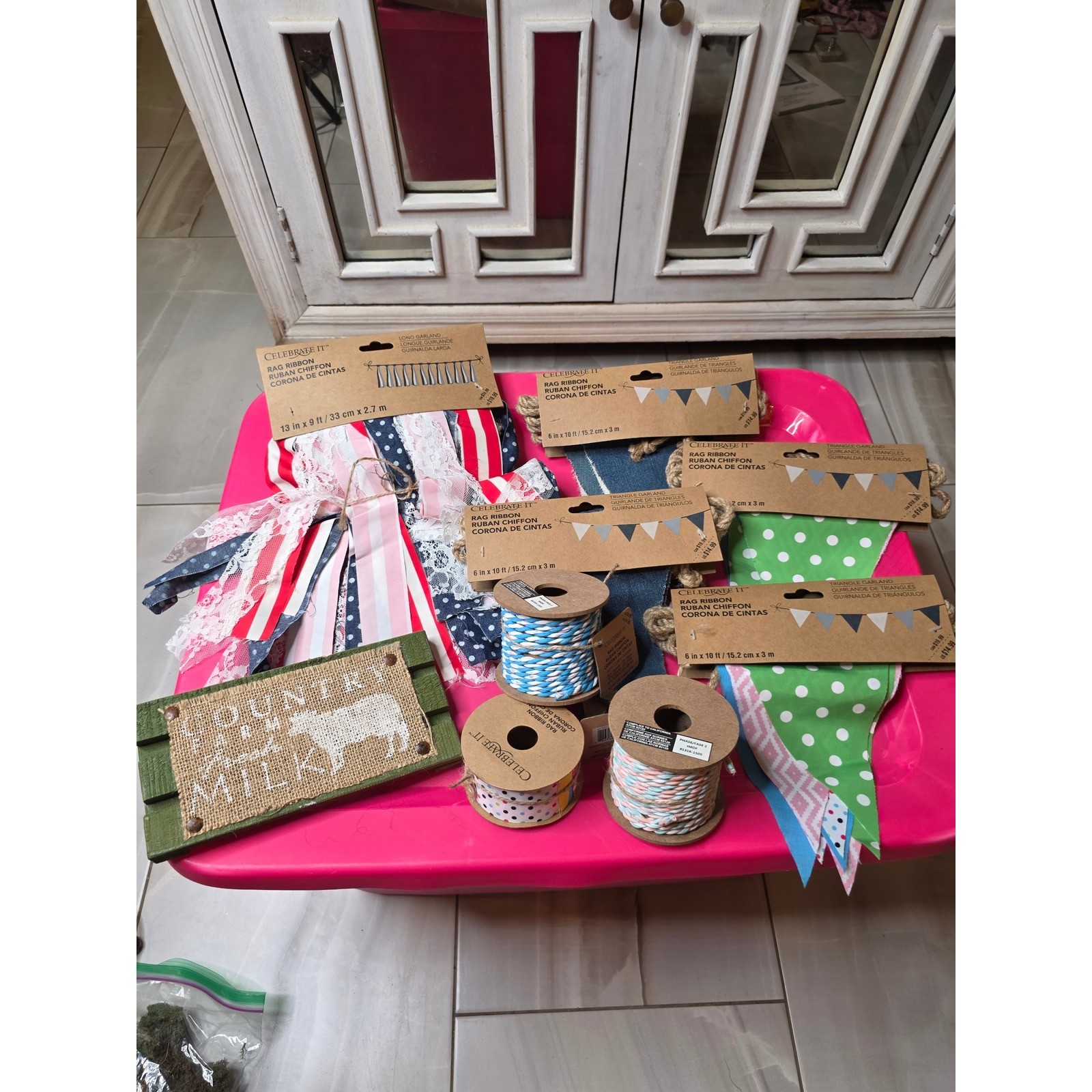 Celebrate It Rag Ribbon Garland Twine Lot Farmhouse Country Fresh Milk Sign NEW