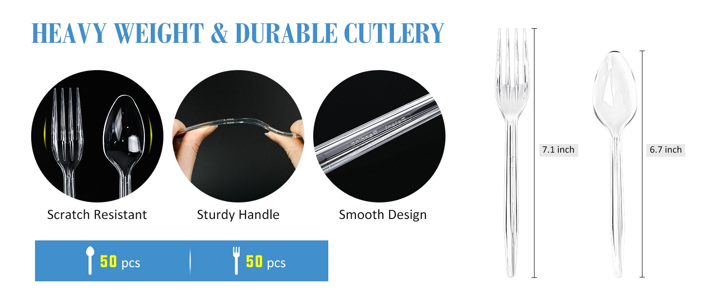 100 Count Heavy Duty Plastic Silverware, 50 Forks & 50 Spoons | Disposable