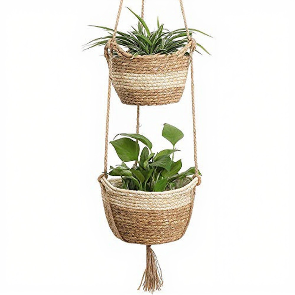 Natural Tone Hanging Plant Basket – Woven Wicker for Contemporary Home Decor