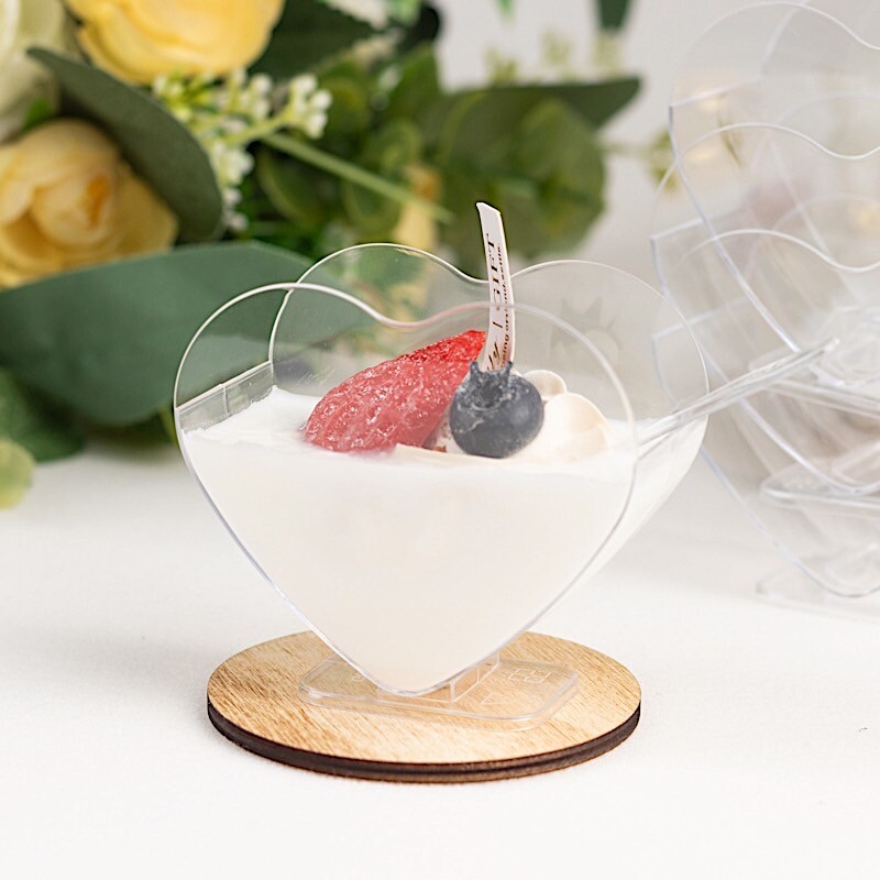 24 Clear 2 oz Heart Shaped Disposable Plastic Dessert CUPS SPOONS Party Events