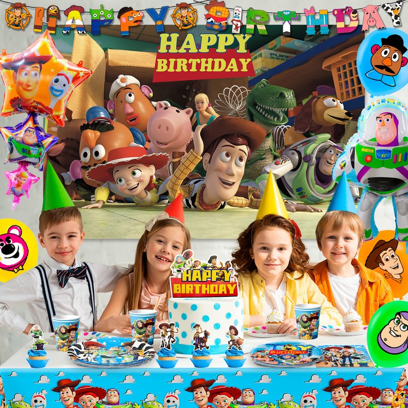 114 Pcs Toy Story Party Decorations Tableware Set Napkin Balloon Plates Backdrop