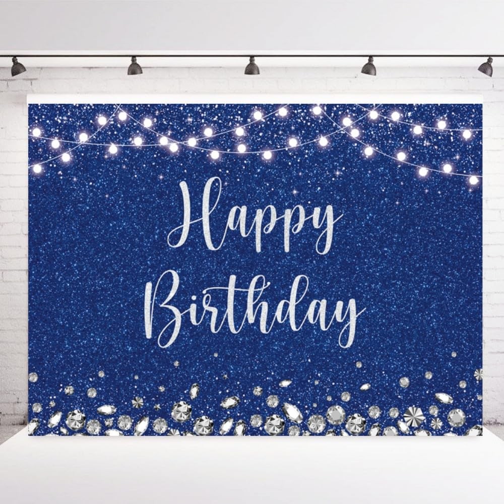INRUI Royal Blue Happy Birthday Photography Backdrop Silver Glitter Spots Girls