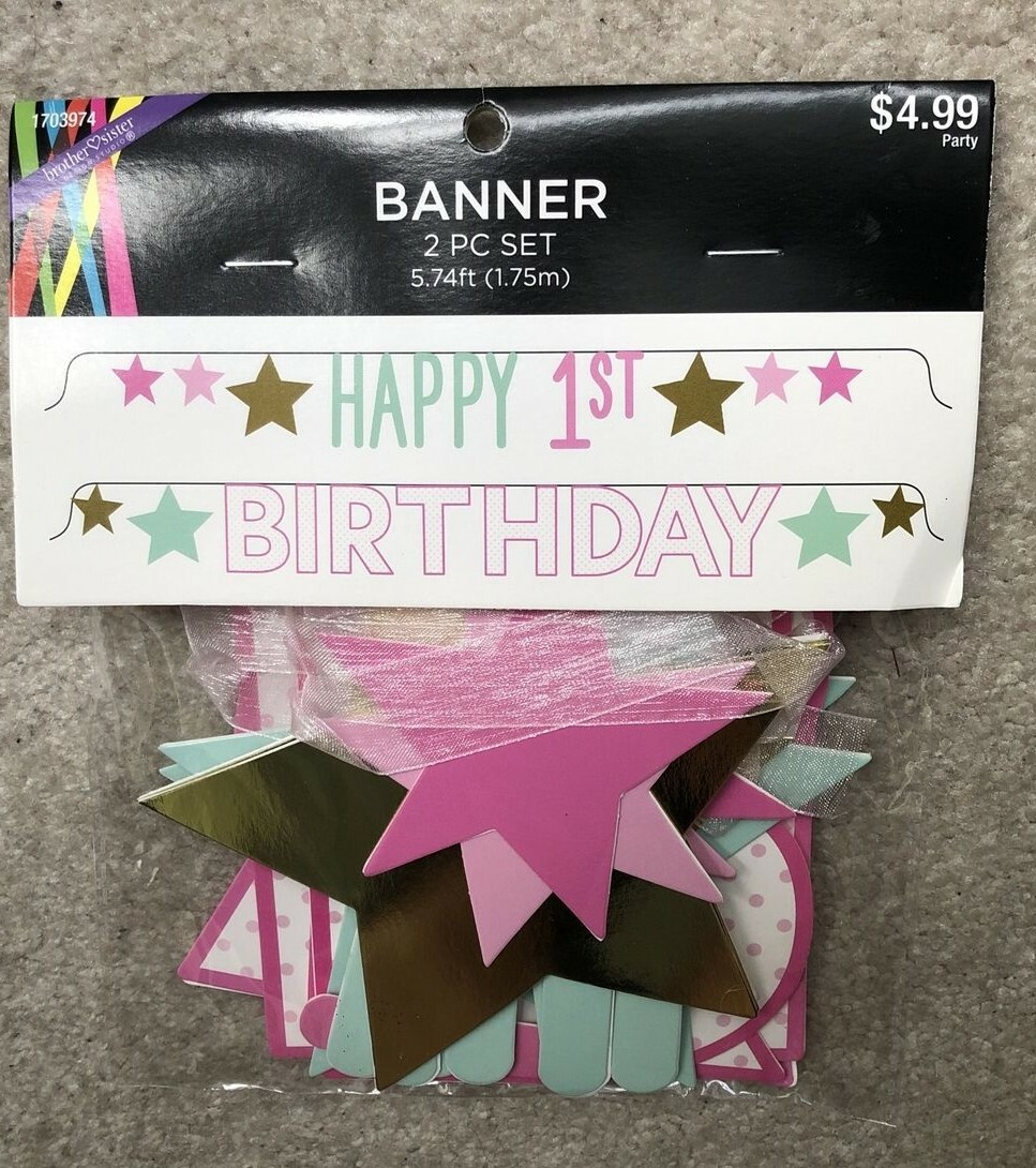 Happy1st Birthday Banner Kit 2pc Set -Pink/Mint Green/Gold -5.74ft NEW