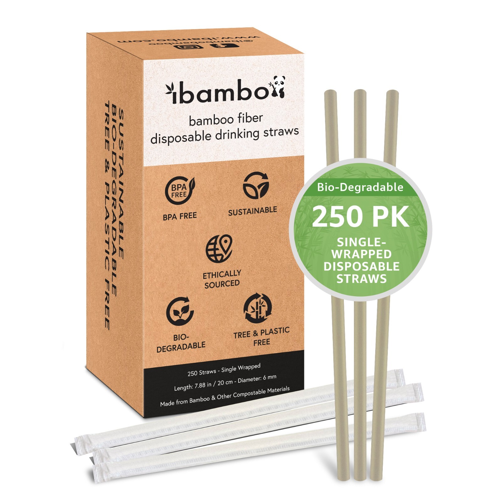 Ibambo Bamboo Disposable Straws – 250 Pack, Single Wrapped Compostable Straws
