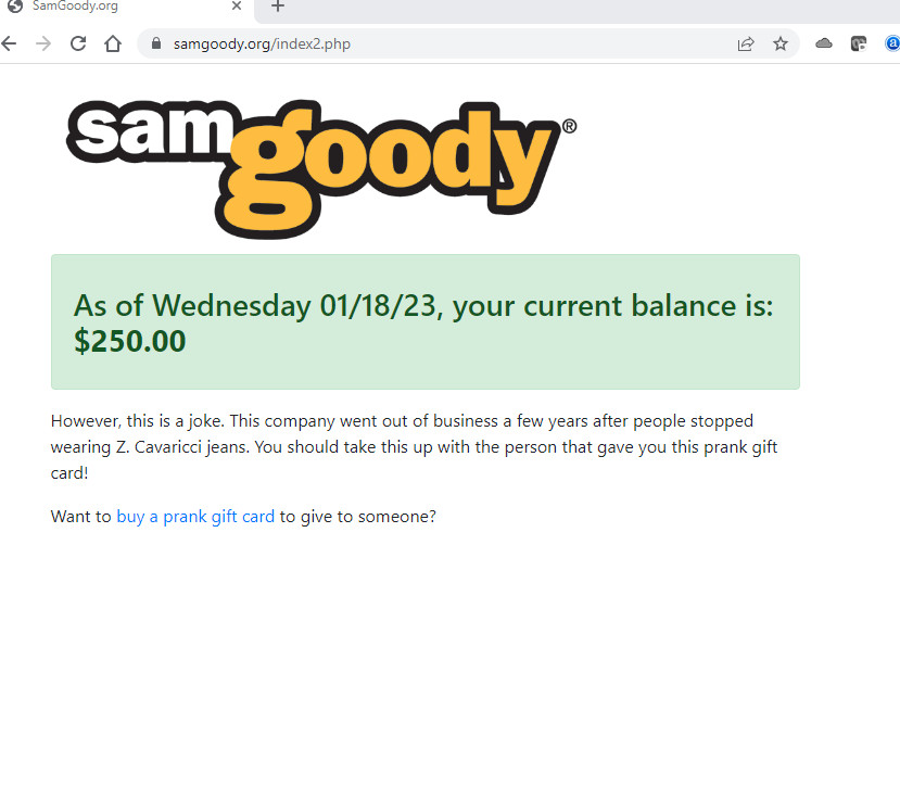 (2) Sam Goody Prank Gag Gift Card – Birthday Christmas Graduation Gag gift FUNNY