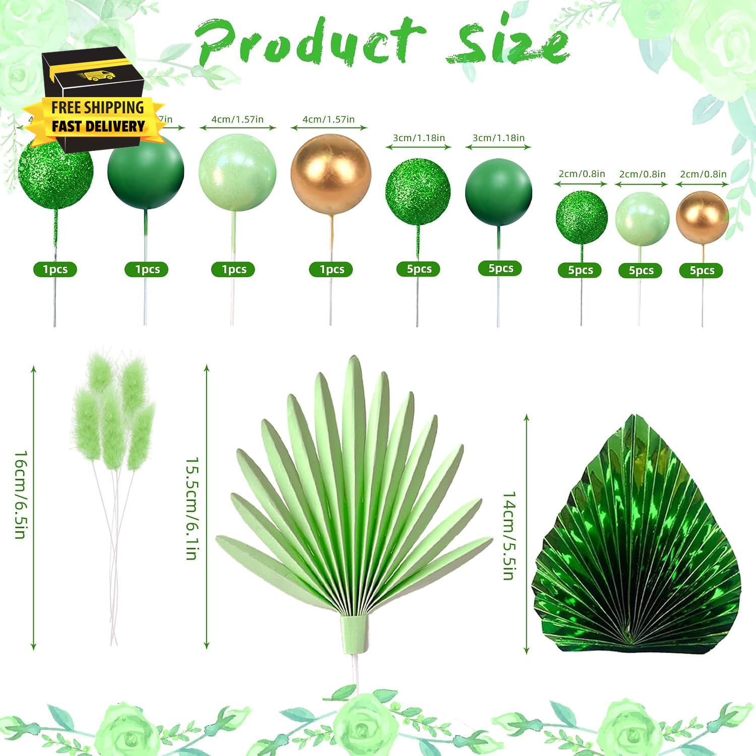 38 PCS Balls Cake Toppers Palm Leaves Cake Decorations for Birthday Wedding Baby