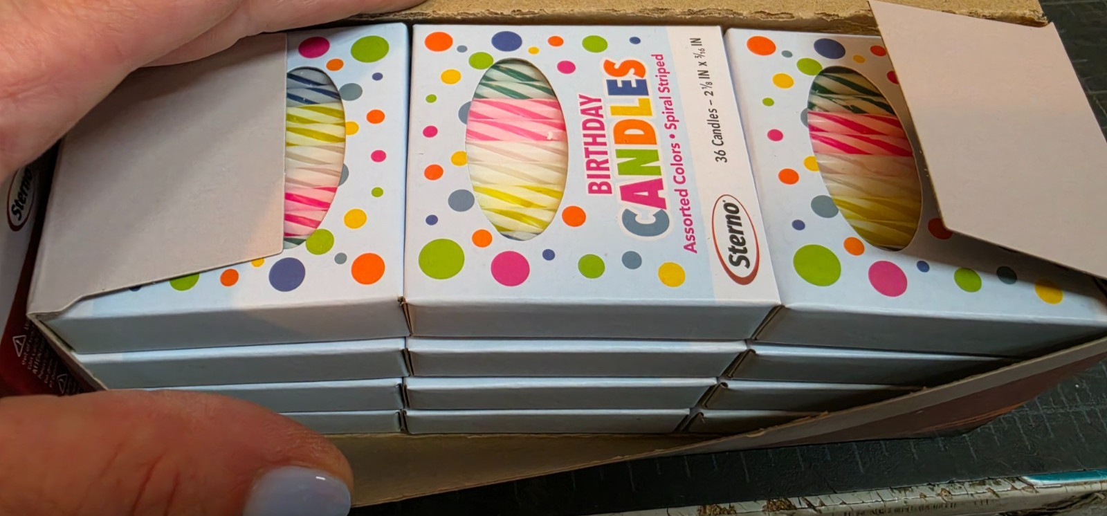Sterno Multi-Color Spiral Stripe Wax Birthday Candles 2-1/8″ H – 144 boxes of 12