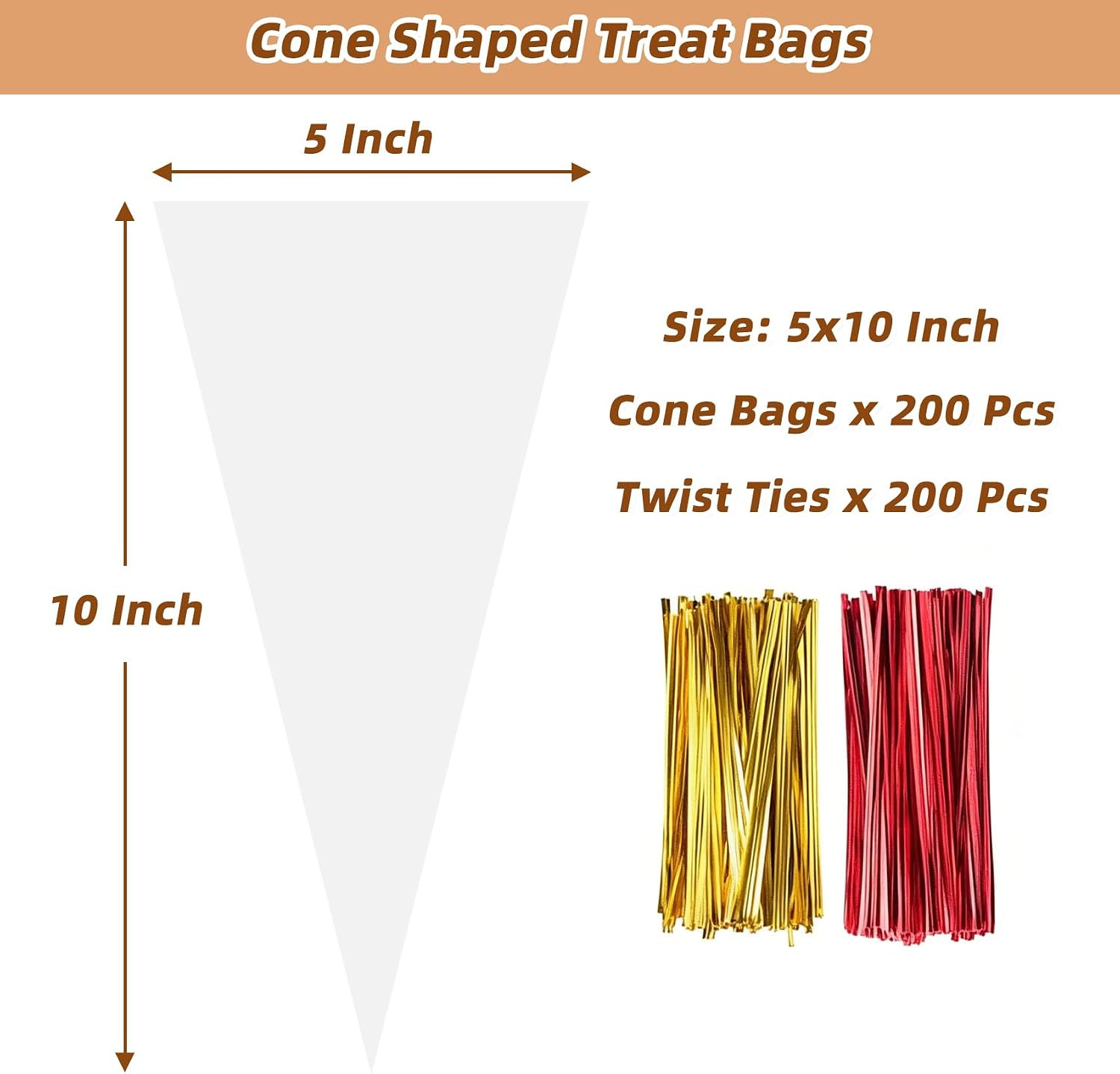 Cone Cellophane Bags,5X10 Inches 200 PCS Plastic Popcorn Cone Bags