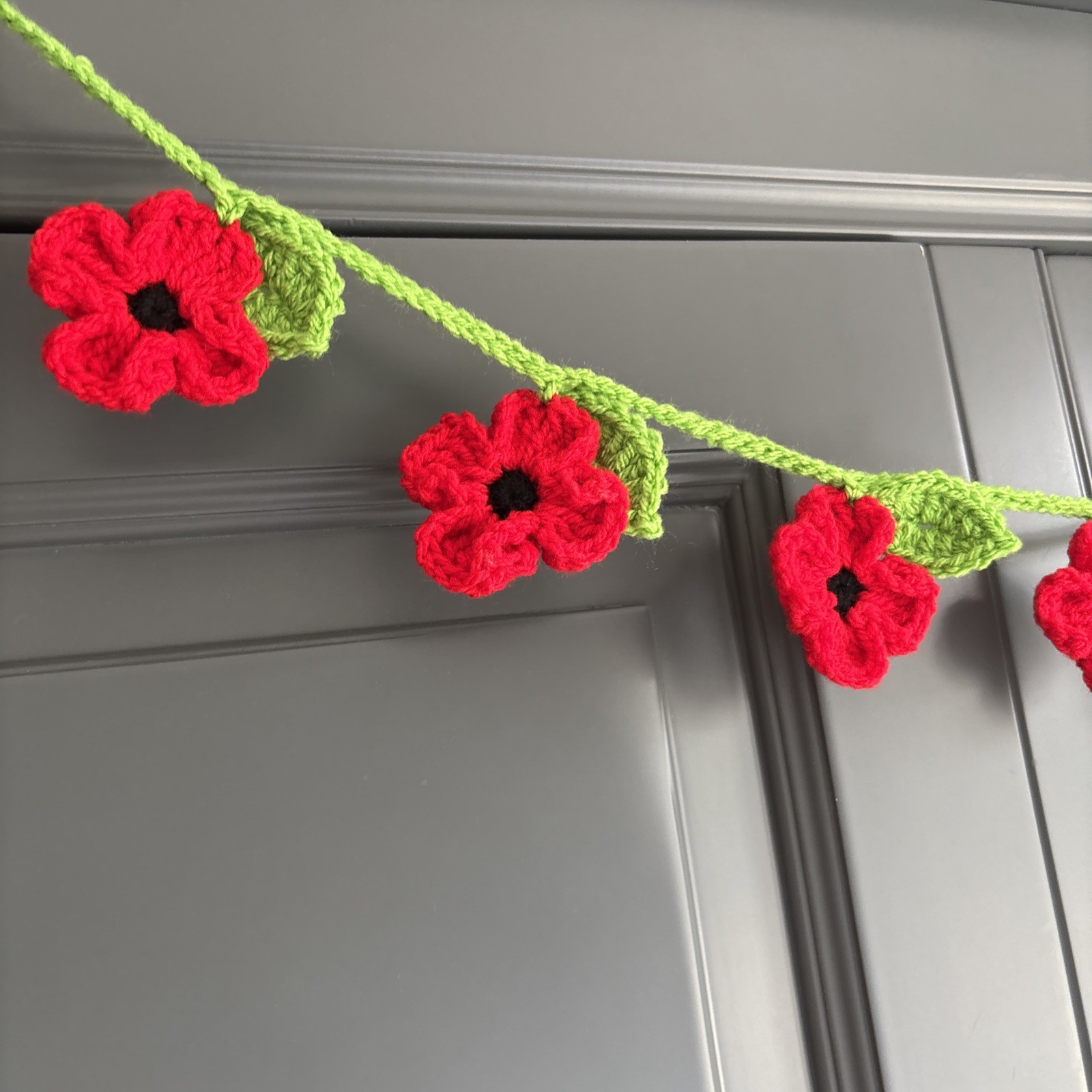 Handmade Crocheted Poppy & Leaf Bunting Garland Home Decor