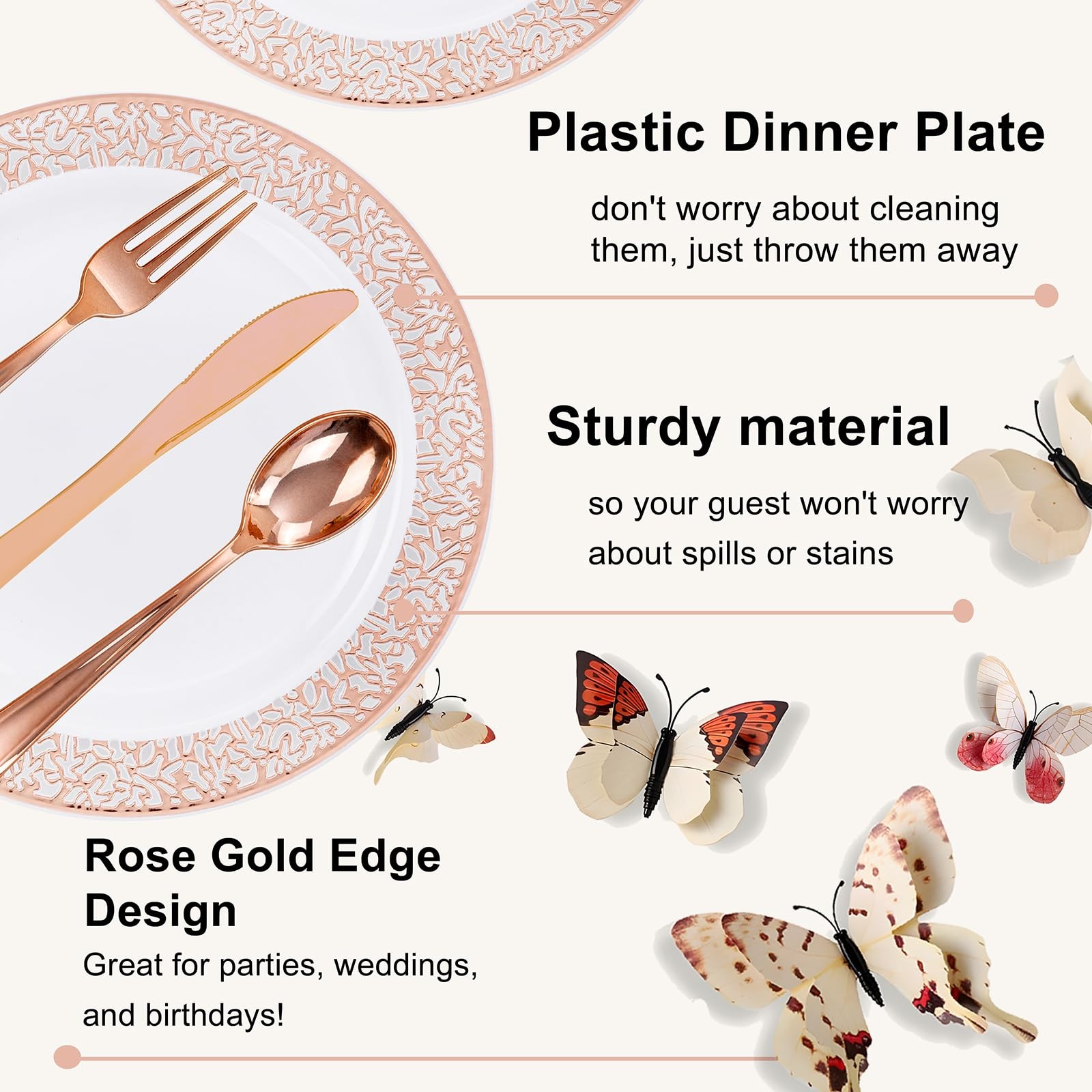 350 PCS Rose Gold Disposable Dinnerware Set for 50 Guests, Disposable Rose Go…