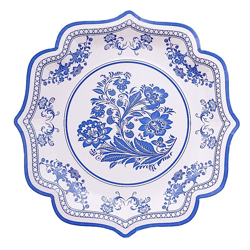 25 White Blue 10 in Floral Disposable Dessert Paper PLATES Scallop Trim Party