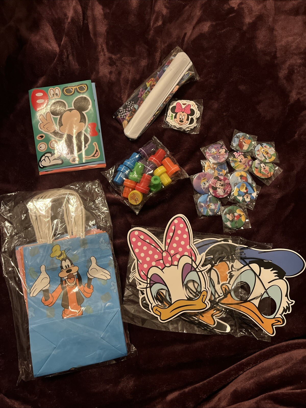 122pc Mouse Bday Lot, Treat Bags Make-a-face Stickers Snap bracelets Stamps Mask